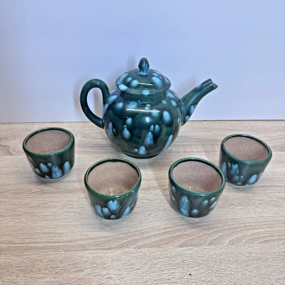 The Arkansas Stoneware Co Teapot Cup Set Green‎ Drip Glaze Studio Pottery